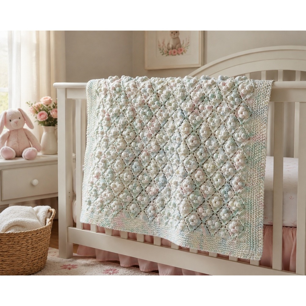 Vintage Hand Crocheted Baby Blanket Pastel 3D Popcorn Bubble Afghan 35x32